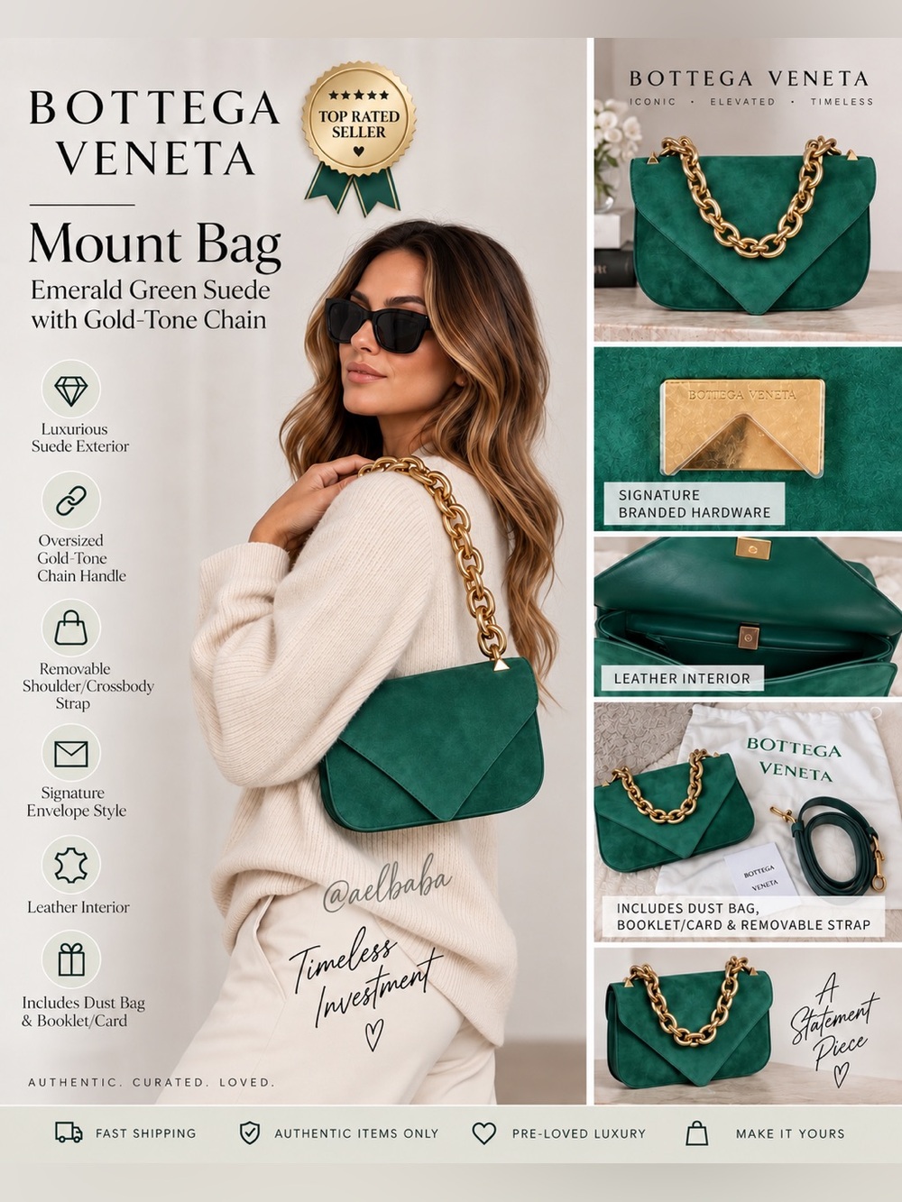 NEW Bottega Veneta Mount Green Suede Gold Chain Crossbody Bag